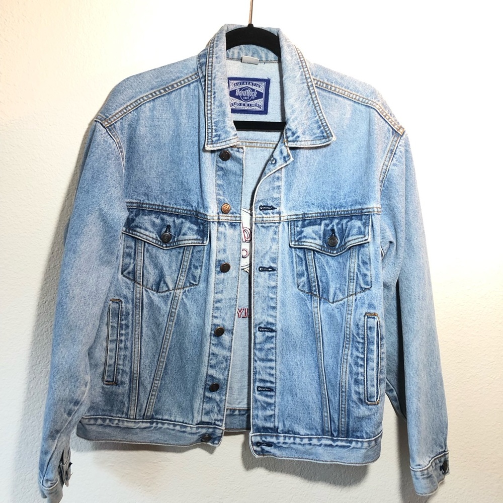 Denim Hollywood Hard Rock Cafe Jacket Unisex Med Button 100% Cotton Blue